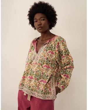 Monsoon East Aurelie Hand-woodblock Botanical Print Cotton Top Multi - Natural