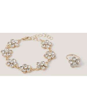 Monsoon Diamanté Flower Bracelet & Ring Set - Natural