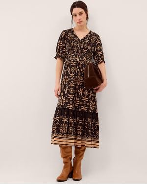 Monsoon Thalia Palm Print Jersey Midi Dress Black - Brown