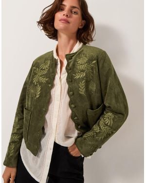 Monsoon Ari Embroidered Faux Suede Jacket Green