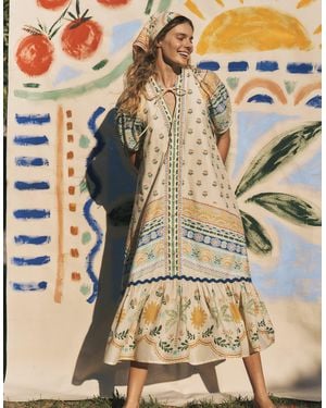 Monsoon X Charlie Taylor Printed Puff Sleeve Midi Dress Ivory - Blue