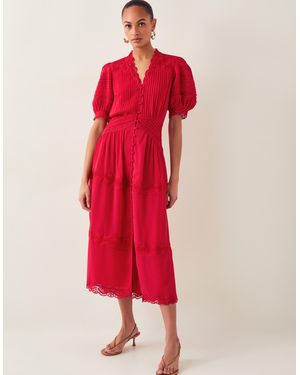 Monsoon Kiana Pintuck Puff-Sleeve Midi Dress - Red