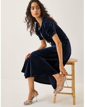 Monsoon Celeste Embellished Bow Velvet Midi Dress Blue