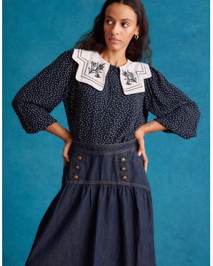 Monsoon Ivy Embroidered Collar Polka Dot Blouse Blue