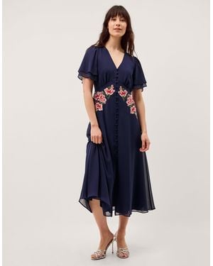 Monsoon Women's Navy Blue & Red Floral Embroidered Coraline Midi Dress, Size: 18
