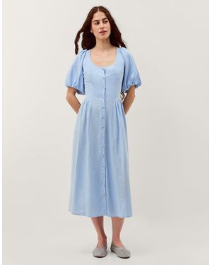 Monsoon Lottie Puff Sleeve Linen Blend Midi Dress Blue