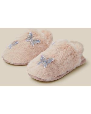 Monsoon Fluffy Rhinestone Butterfly Slippers Ivory - Natural