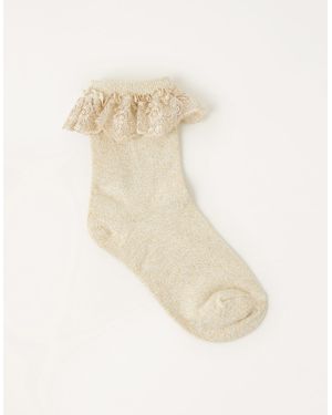 Monsoon Girls Gold Cotton Floral Lace Sparkle Socks, Size: M - Natural