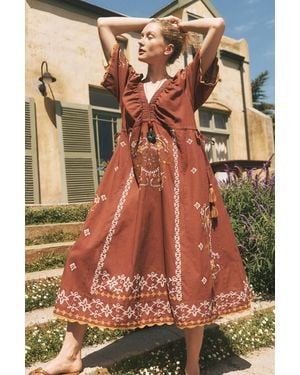 Monsoon Greta Short Sleeve Embroidered Midi Dress Brown