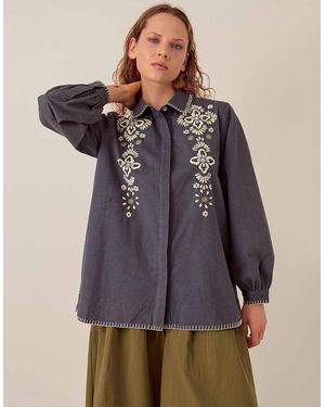 Monsoon East Cora Floral Embroidered Cotton Shirt Blue