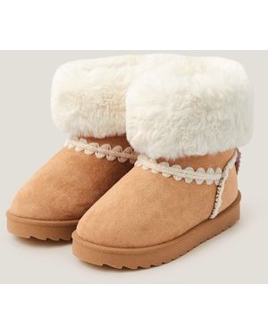 Monsoon Crochet Bow Fluffy Ankle Boots Natural
