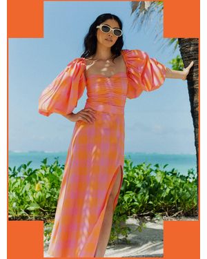 Monsoon Sundress Violette Puff Sleeve Check Maxi Dress Pink - Blue