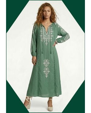 Monsoon Raffya Aurelia Embroidered Maxi Kaftan Dress Green