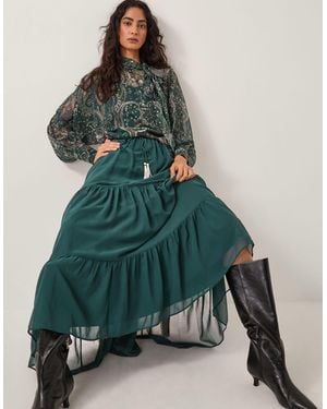 Monsoon Holly Tiered Chiffon Maxi Skirt Teal - Green