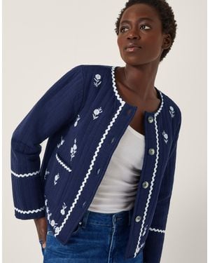Monsoon Evie Embroidered Floral Quilted Jacket Blue