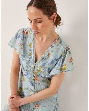 Monsoon Women's Blue & Orange Floral Print Jesse V-neck Midi Dress, Size: 16