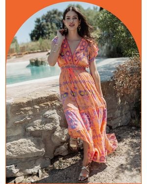 Monsoon Piti Cuiti Flutter Floral Print Maxi Dress Orange