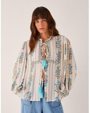 Monsoon Elora Floral Stripe Tie Blouse - Natural