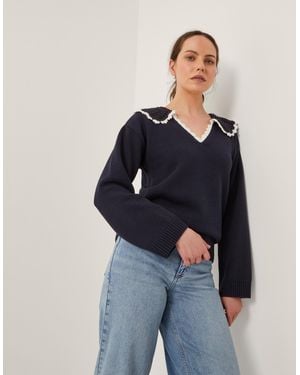 Monsoon Clay Collar V-neck Jumper Blue
