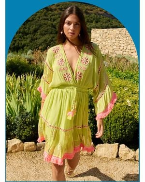 Monsoon Piti Cuiti Floral Embroidered Mini Kaftan Dress Green