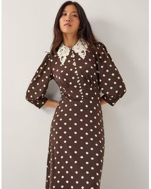 Monsoon Paris Polka Dot Jersey Cropped Sleeve Midi Dress With Floral Lace Collar - Brown