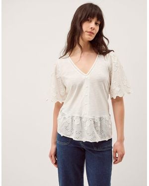 Monsoon Freya V-neck Floral Broderie Top Ivory - White