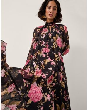 Monsoon Women's Black & Pink Floral Print Mariel Trapeze Midi Dress, Size: S