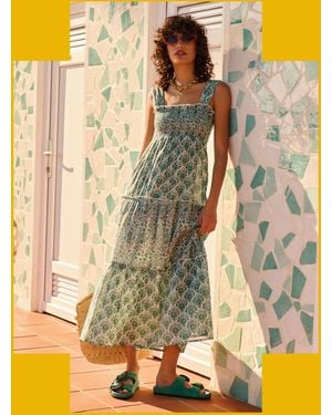 Monsoon Petite Mendigote Ron Floral Tiered Midi Dress Green - Metallic