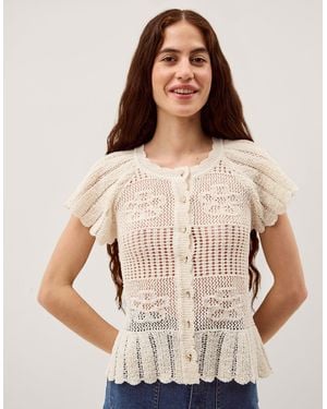Monsoon Indi Short Sleeve Floral Pointelle Cardigan Ivory - Natural