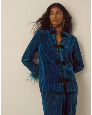 Monsoon Quinn Frogging Faux Feather Velvet Jacket Teal - Blue