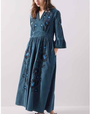Monsoon East Odelia Embroidered Corduroy Maxi Dress Blue