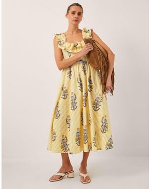 Monsoon Maria Frill Floral Stripe Midi Dress Camel - Metallic