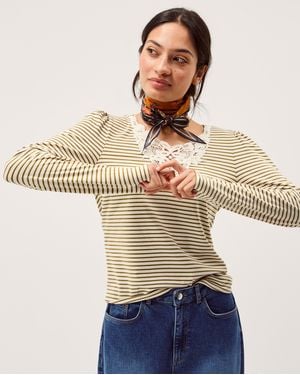Monsoon Lauren Lace Stripe Jersey Top - Natural