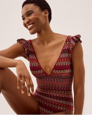 Monsoon Zaria Plunge Knit Ruffle Swimsuit Red - Brown