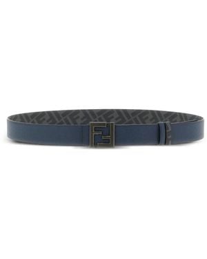 Fendi Squared Ff Reversible Leather And Canvas Belt - Blue