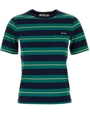 Miu Miu Fitted Striped Cotton T-shirt - Green