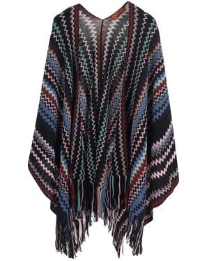 Missoni Zig-Zag Knit Poncho With Fringes - Blue