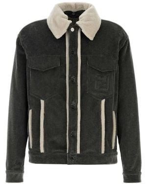 Fendi Faded Stonewash Treatment Corduroy Blouson With Sheepskin Trim Removable Collar - Black