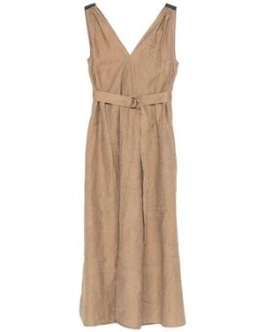 Brunello Cucinelli Midi Dress With Belt And V-Neck - Natural