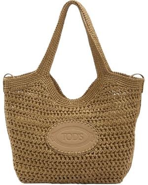 Tod's Raffia And Leather Medium Shopping Bag - Natural