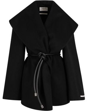 Sportmax Wrap Coat In Wool With Leather Belt - Black