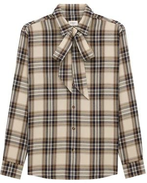 Saint Laurent Cassandre Lavallière Shirt In Cotton Tartan - Brown