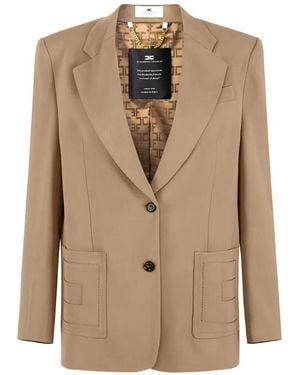 Elisabetta Franchi Single-Breasted Gabardine Blazer With Embroidered Pockets - Natural