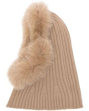 Yves Salomon Ribbed Wool And Cashmere Balaclava With Fur Trim - Natural