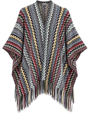Missoni Zig-Zag Knit Poncho With Fringes - Gray