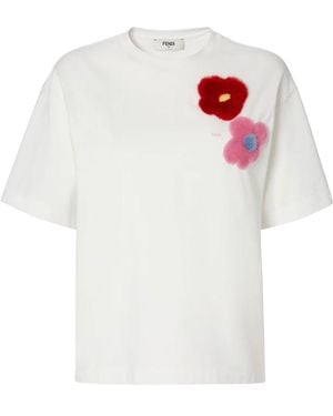 Fendi Jersey T-Shirt With Sunny Side Flowers Mink Brooches - White