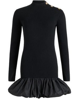 Patou Ruffle Hem Ribbed Mini Dress In Wool And Faille - Black