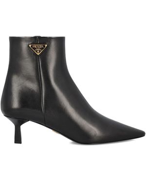 Prada Leather Pointed Ankle Boots - Black