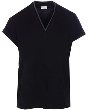 Brunello Cucinelli Monili Trim V-neck Cotton T-shirt - Black