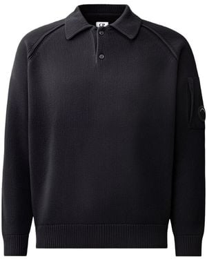 C.P. Company Ribbed Polo Shirt With Lens Detail - Blue